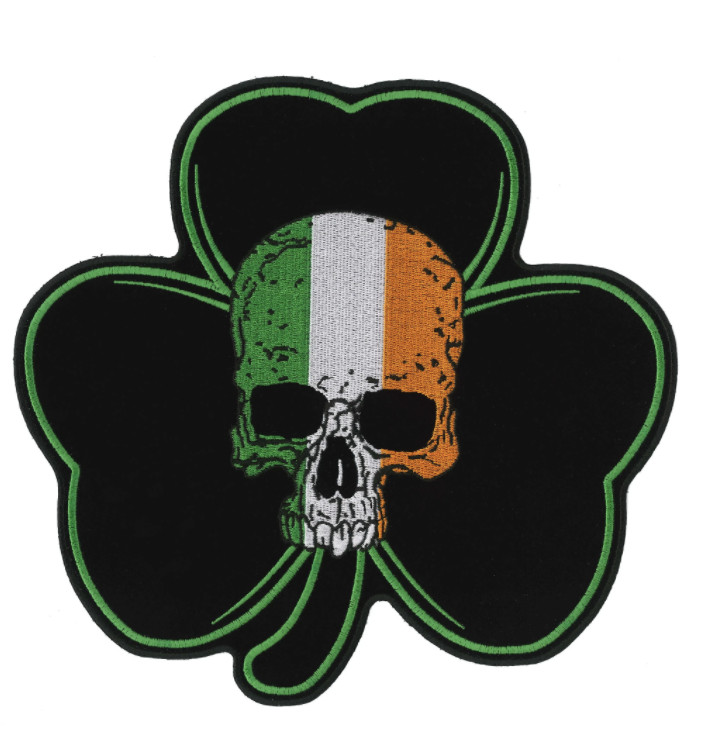 9" SHAMROCK IRISH SKULL EMBROIDERED JACKET PATCH