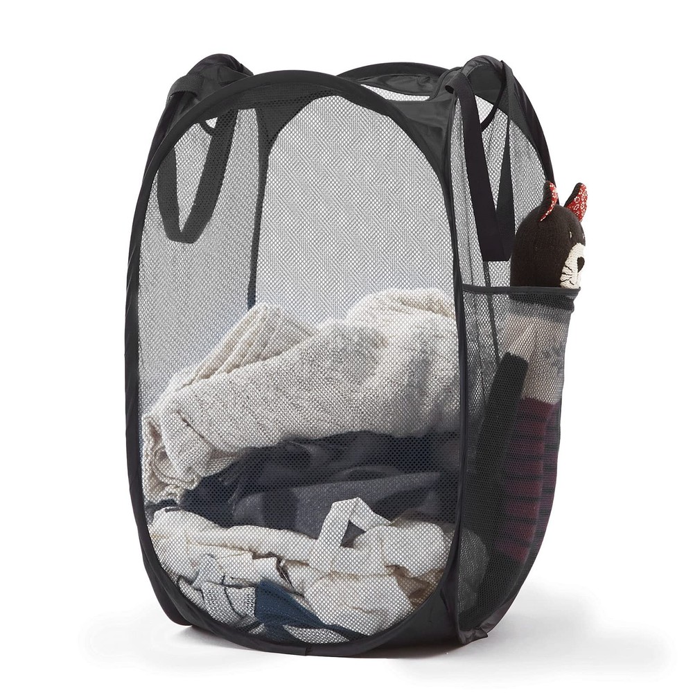 Collapsible Mesh Pop Up Laundry Hamper Sturdy Handles Side Pocket Black