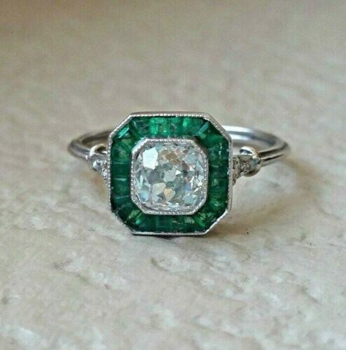 Art Deco Style Round Lab Created Diamond Emerald Engagement Wedding Silver Ring