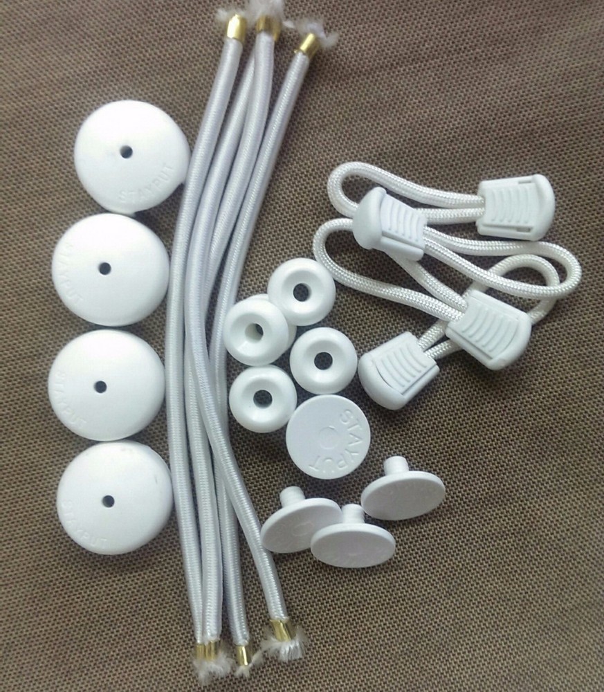 4 WHITE Stayput Bungee Shock Cords & 4 Pull Tabs & 4 Knobs Tie Down Boat Cover