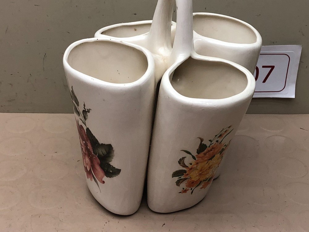 Vintage Ceramic Basket Planter/Vase 4 Sections w/ Flowers