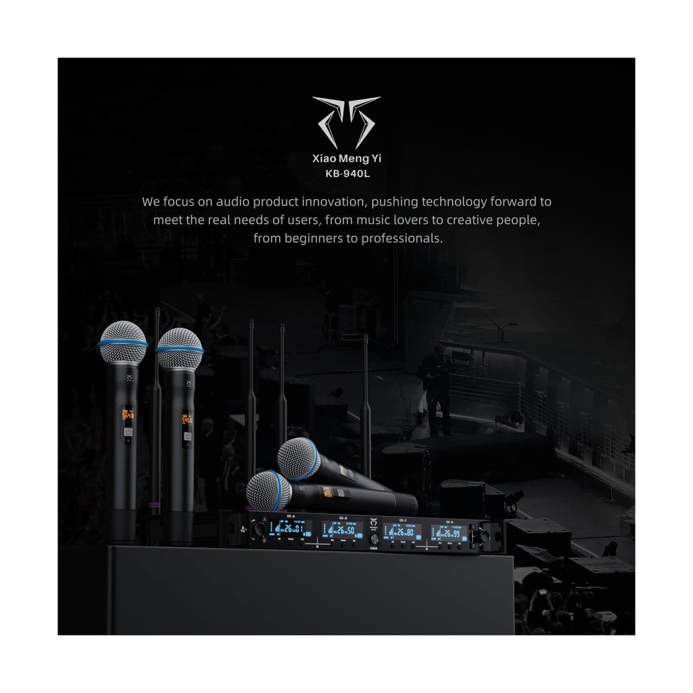 4-Channel Wireless Microphone System, 4 Handheld Dynamic Mic, 200 UHF Frequen...