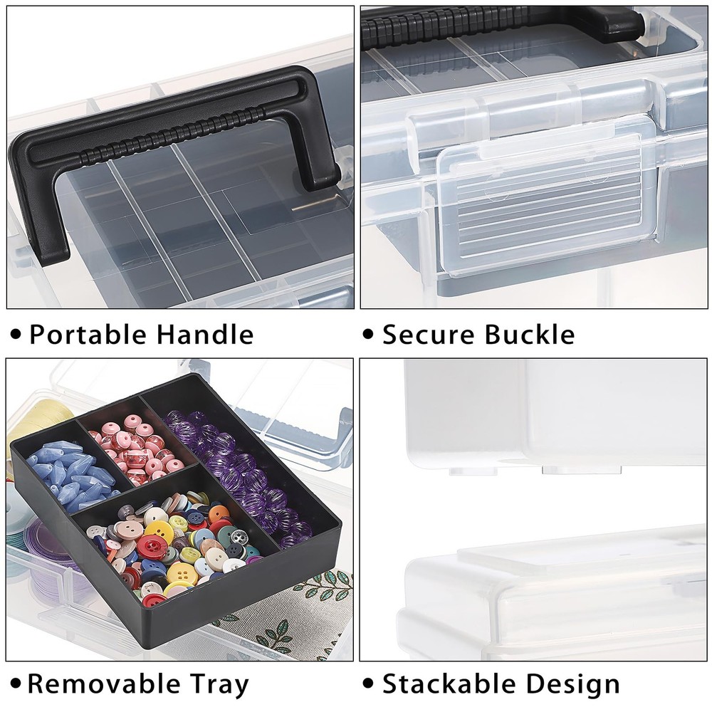 BTSKY Clear Plastic Storage Box with Removable Tray Multipurpose Black