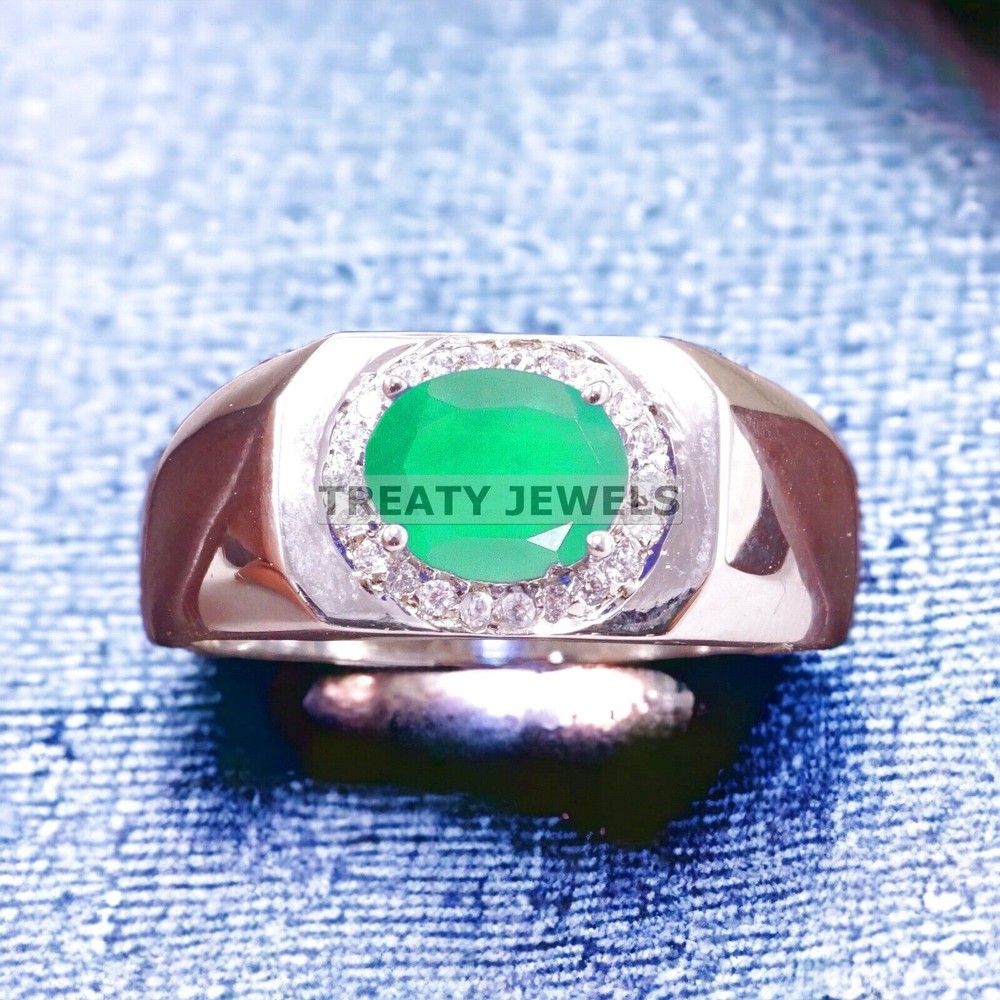 Emerald Oval Cut Gemstone With 14K Solid White Gold Ring For Men's #A298