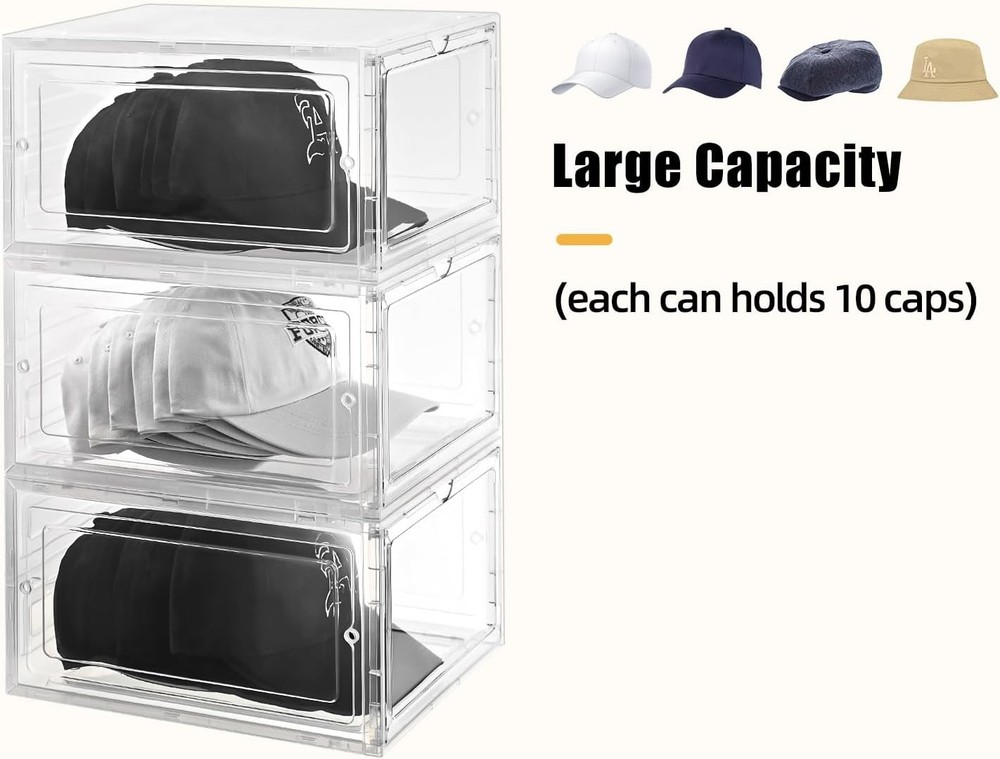Hat Organizer Box,Stackable Clear Baseball Caps Holder Box Containers W/