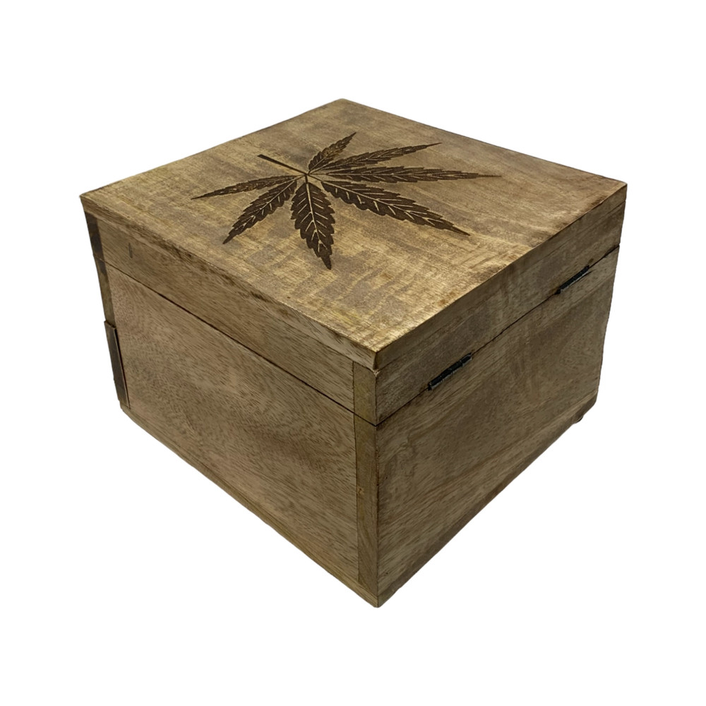 Wood Stash Box Storage Hinged Top Drawer Pot Leaf Design