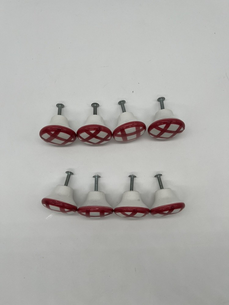 Vintage Ceramic Red And White Gingham Drawer Pulls, Set Of 8
