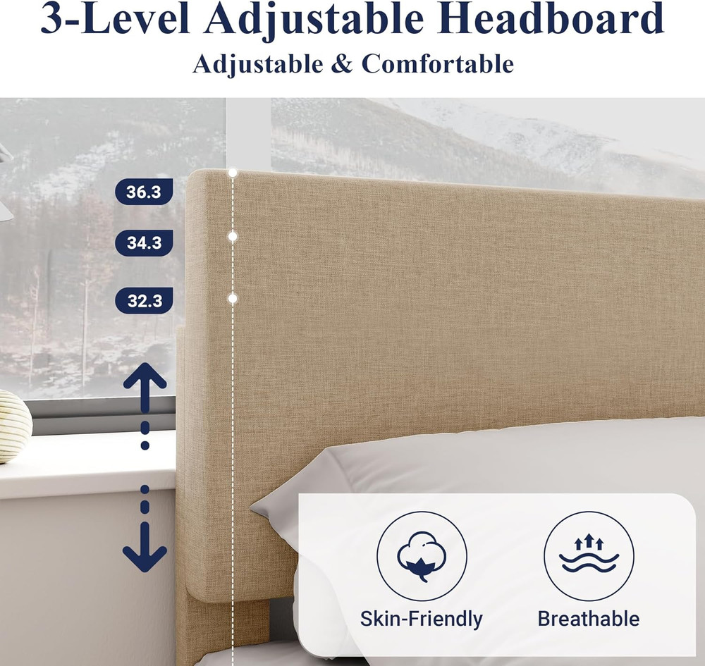 Queen Size Bed Frame with Adjustable Headboard, Upholstered Platform Bed with Wo