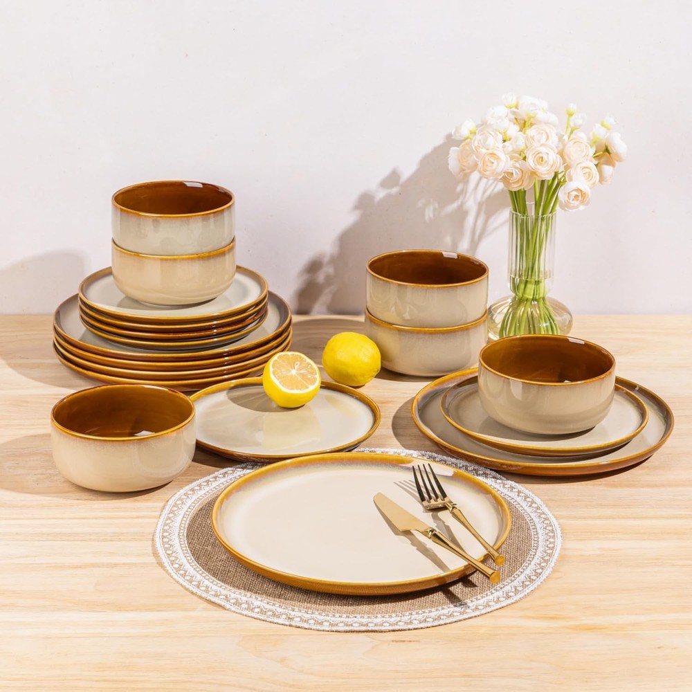 LERATIO Ceramic Dinnerware Sets for Service 8 （24pcs）, Modern-Kahki