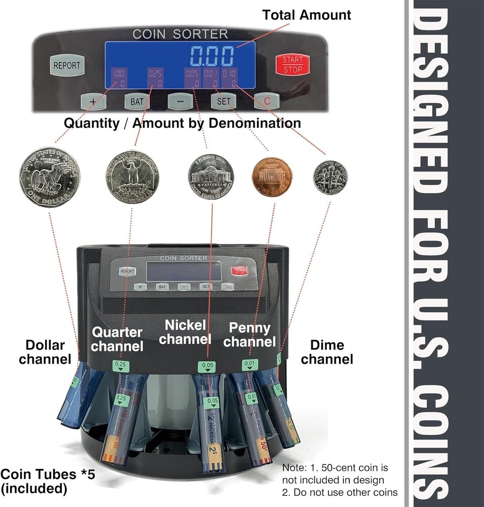 USD Coin Counter Machine with LCD Display,Coin Sorter and Wrapper Machine,Sor...