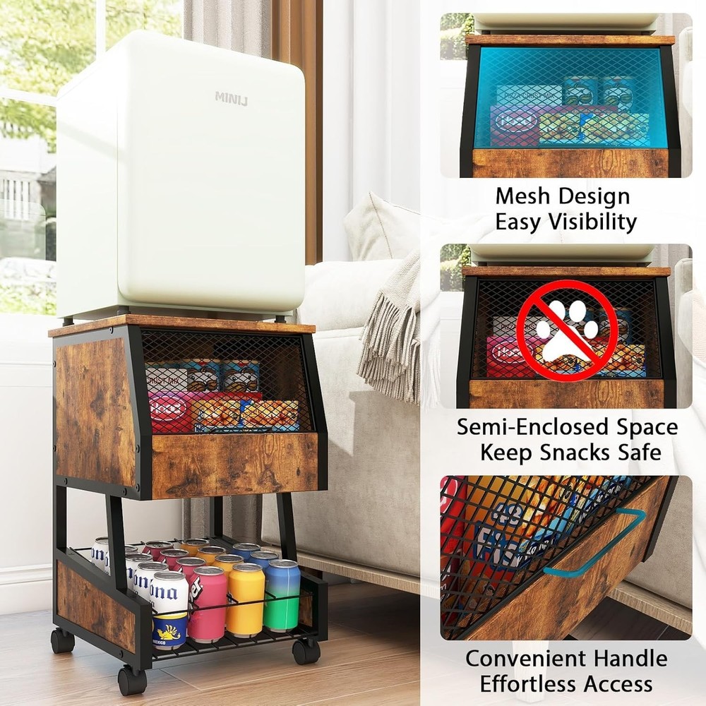 Compact Refrigerator Stand W/ Beverage Storage & Wheels Rolling Personal Fridge