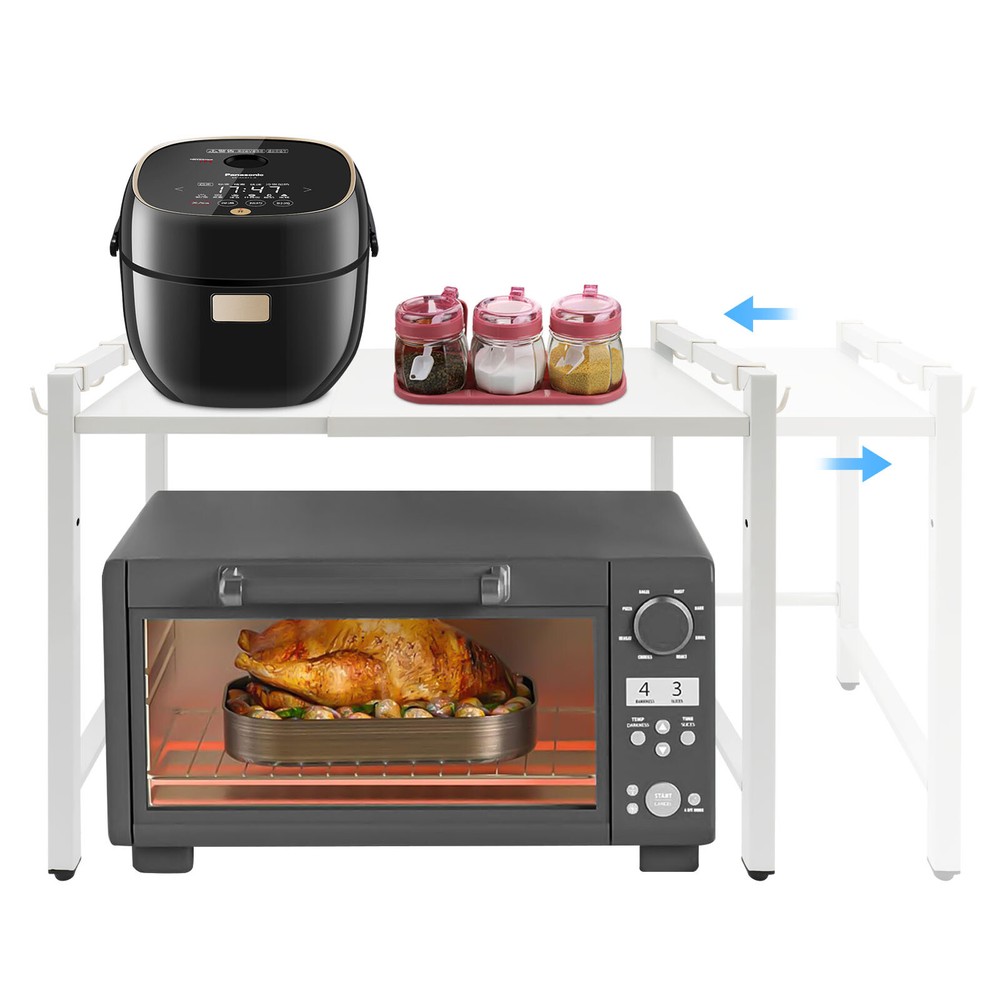 Extendable Microwave Oven Rack, 2-Tiers Adjustable Microwave Stand White Shelf