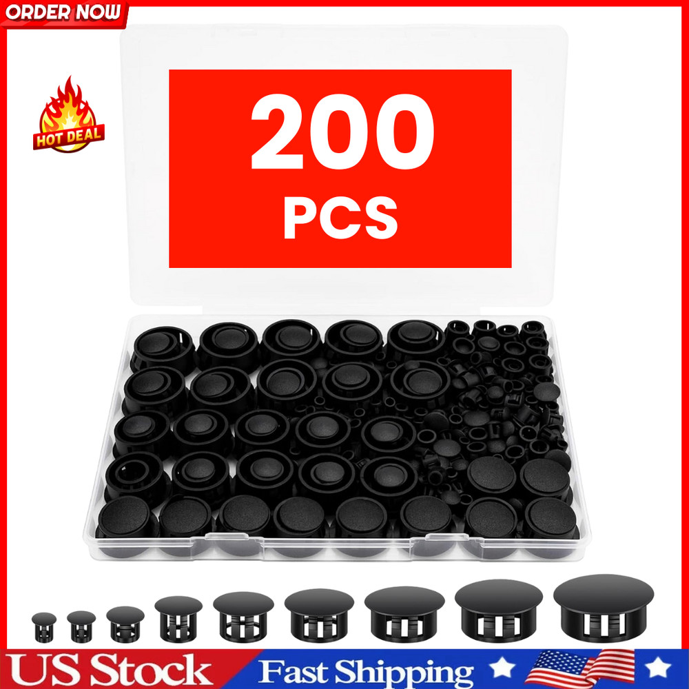 200Pcs 9 Sizes Nylon Plastic Hole Plugs Black Round Drill Hole, Flush Type Panel
