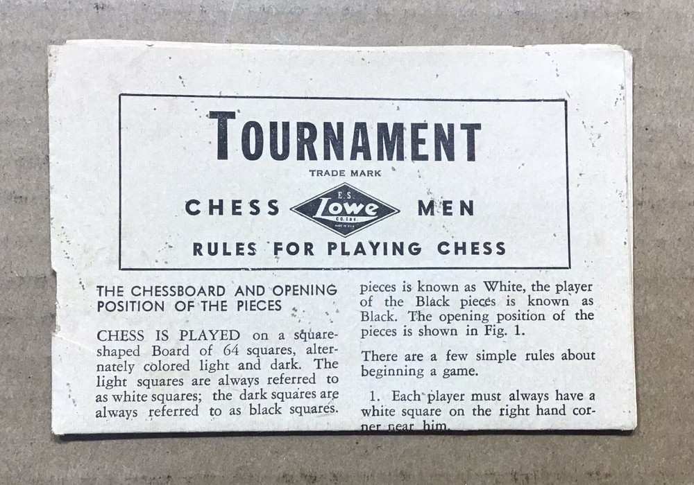 Vintage 1945 E. S, Lowe Co. Tournament Chessmen Staunton Pattern Set & Rules