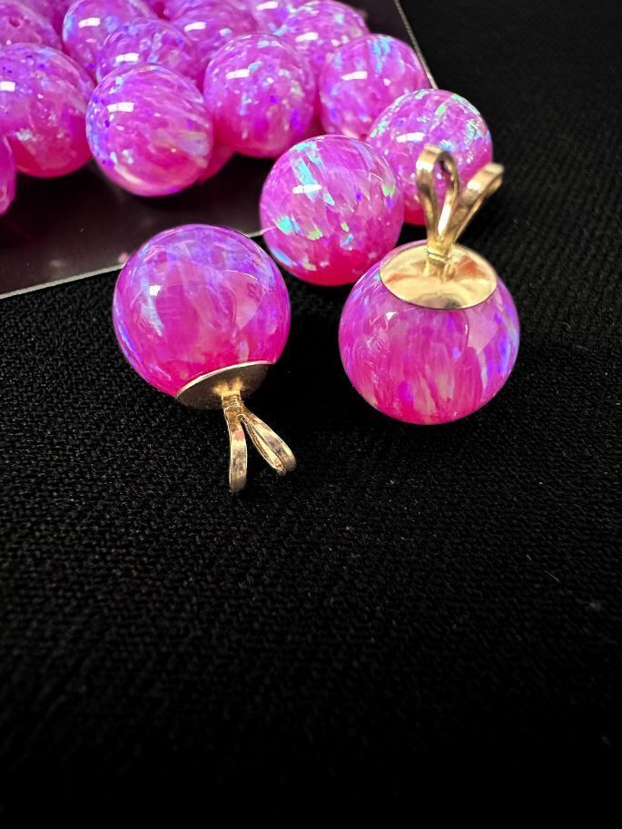 Half Drilled Hot Pink Synthetic Lab Created Opal Round Beads