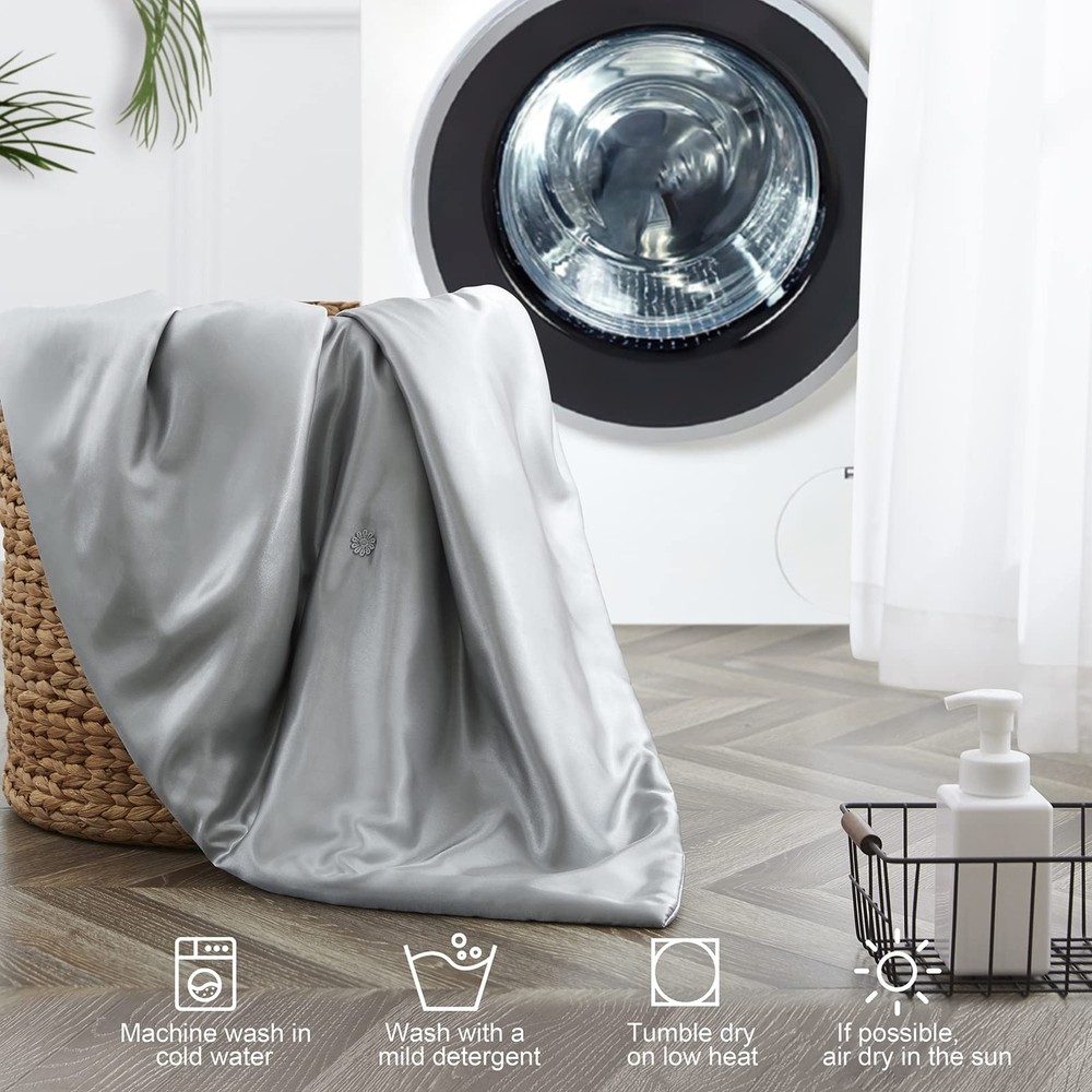 Silk Throw Blanket - Silver Grey Cooling Packable Satin Blanket for Couch, Be...
