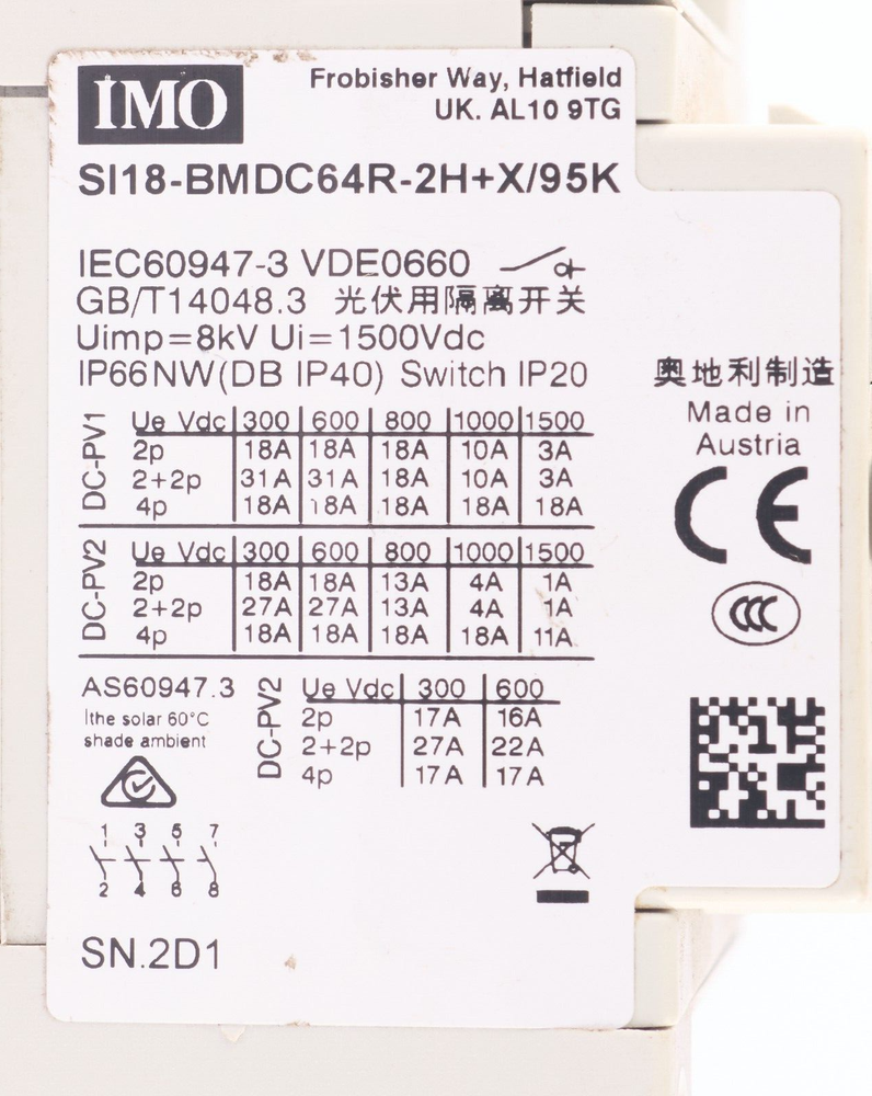 IMO Rotary Isolation Switch SI18-BMDC64R-2H+X/95K