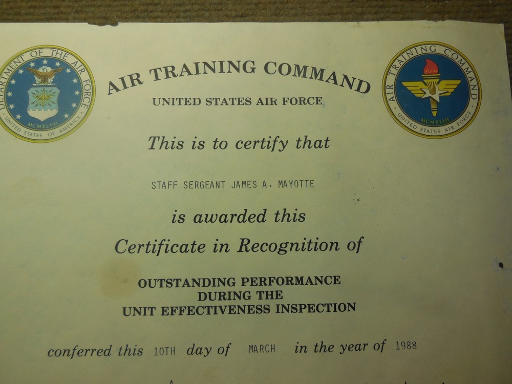 1988 USAF Air Training Command Certificate Of Recognition Unit Inspection