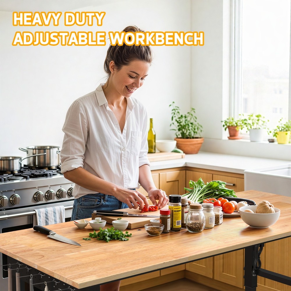 70'' Adjustable Workbench with Socket, Wheels ,Fixed Legs and Hanging Board