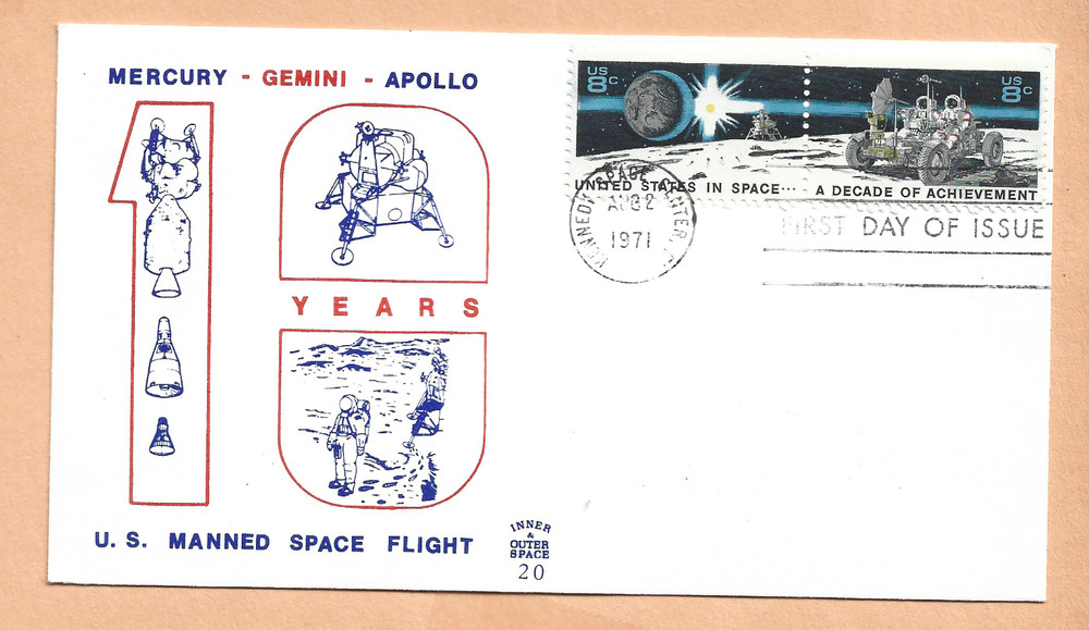 US MANNED SPACE FLIGHT 10 YEARS FDC AUG 2,1971 KSC INNER & OUTER # 20  SPACE