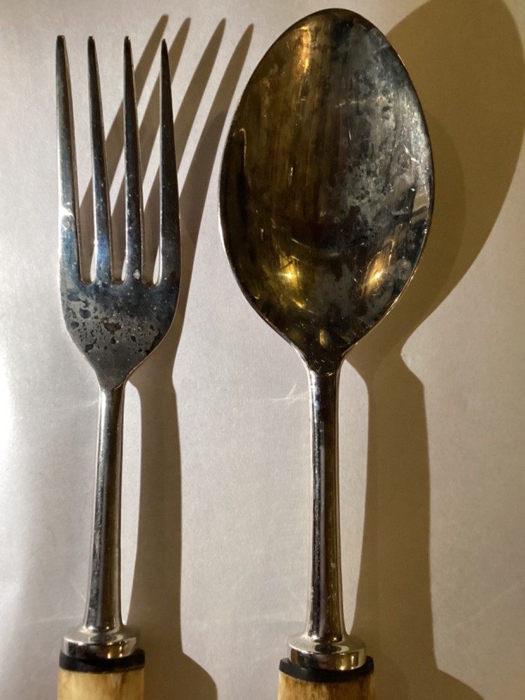 11” Matching Set Fork & Spoon Wood Handles Silver Plated