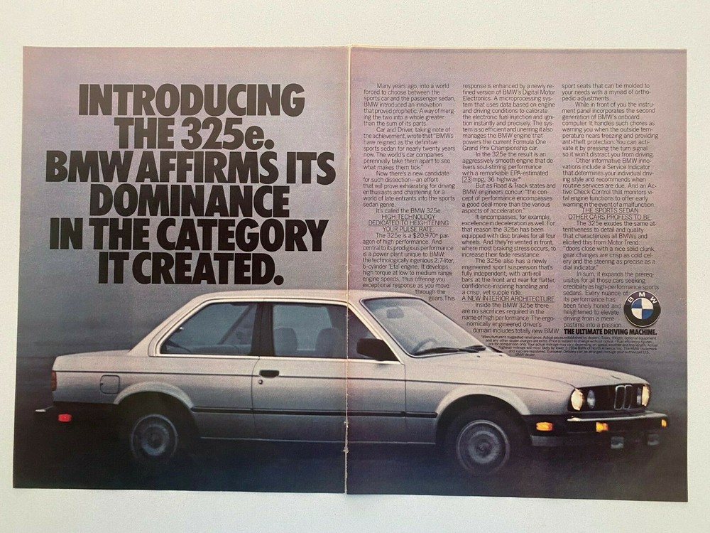 BMW 325e Vintage 1984 Print Ad