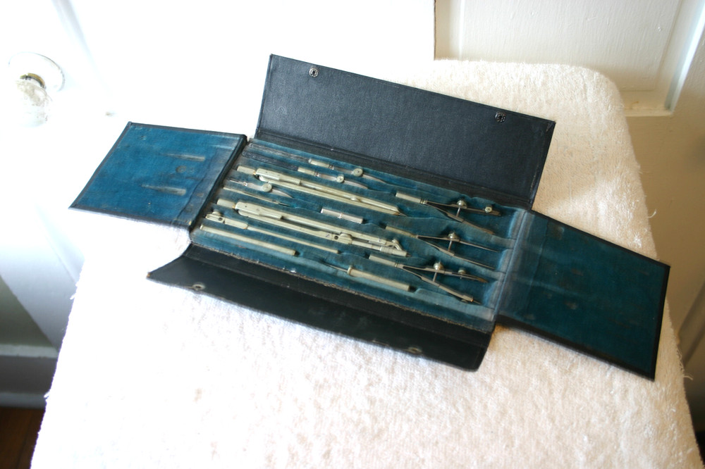 Vintage German Drafting Tools Compass Set 13 Pieces snap case Unbranded