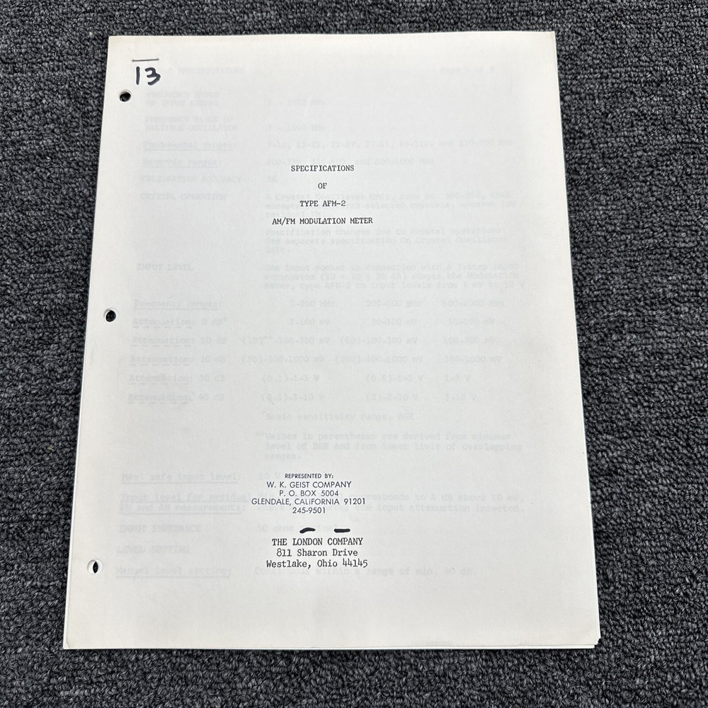 London Company Type AFM-2 AM/FM Modulation Meter Specifications