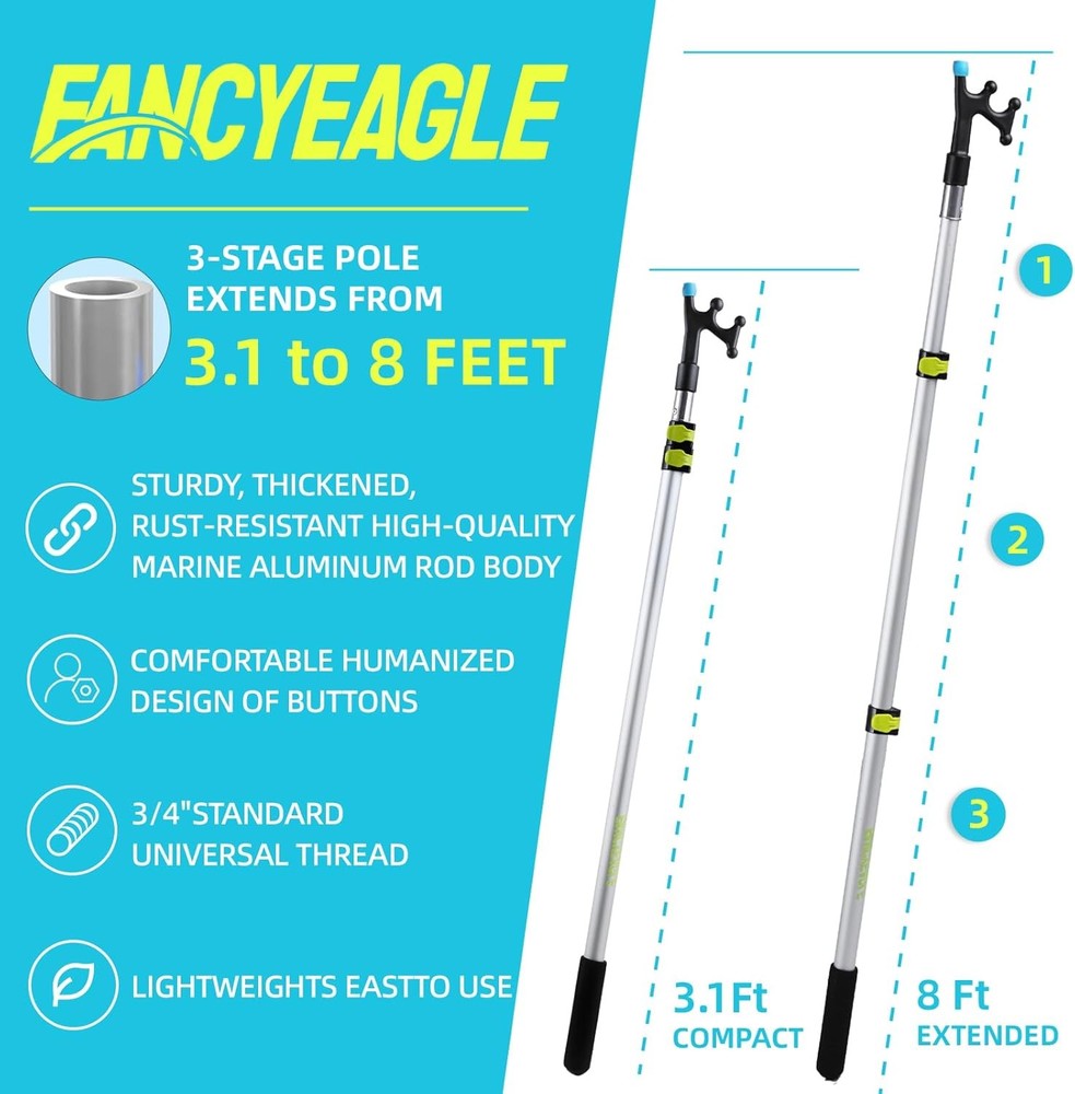 3.1-8FT Telescoping Extension Pole Boat Hook with Rubber silver