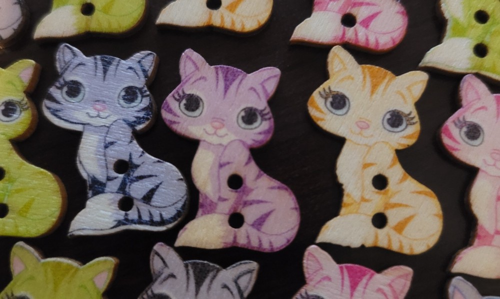 25 pc Wooden Button Cat Shaped Assorted Colors Multi-Color 2-Hole