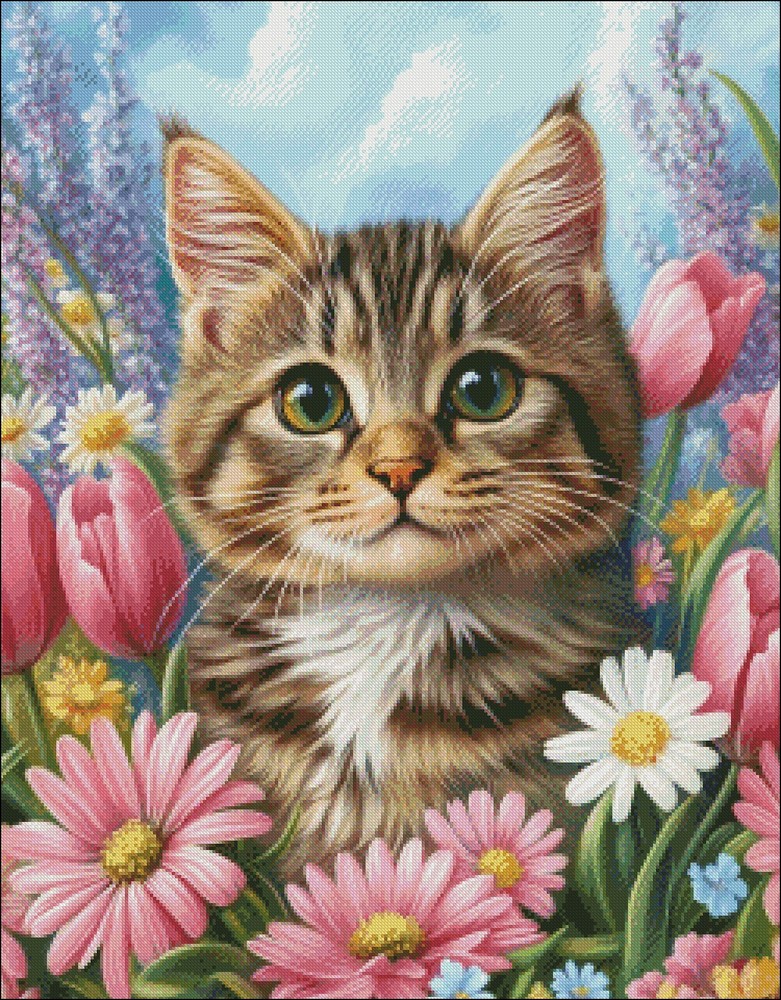 Springtime Tabby - DIY Chart Counted Cross Stitch Patterns Needlework DMC Color