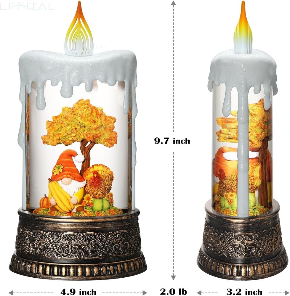 Fall Snow Globe Lantern Fall Decor Candle Shape with Gnome and Turkey, Lighte...