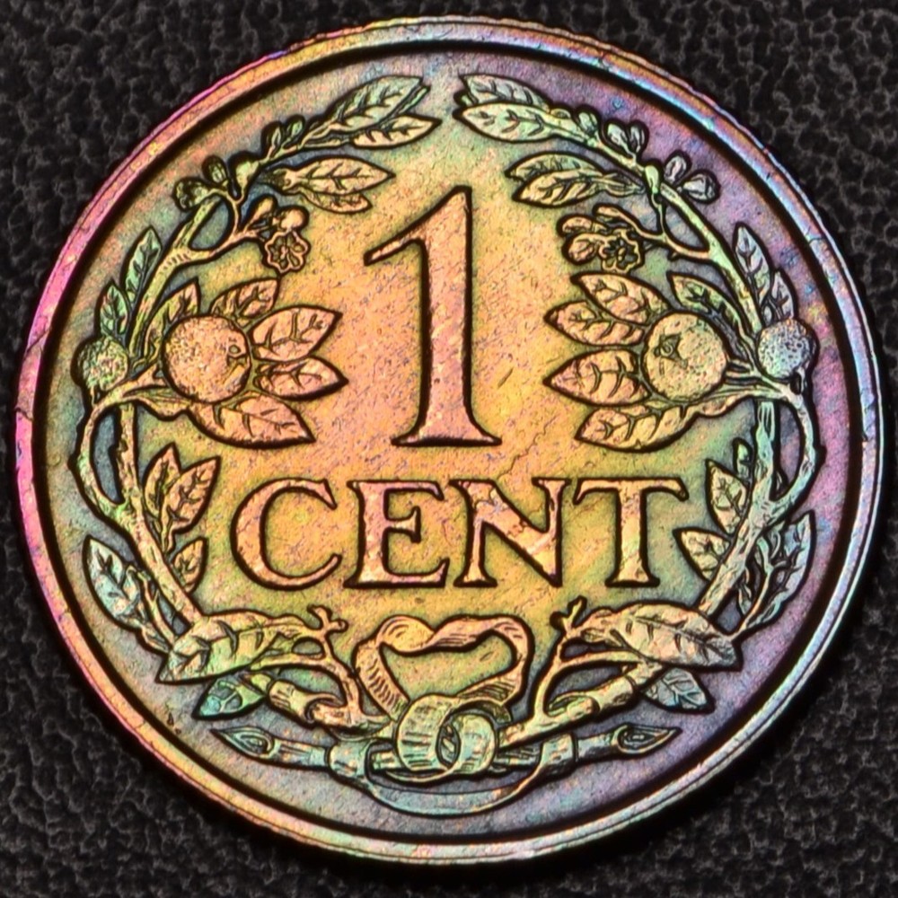 1919 Netherlands 1 Cent rainbow toning **SHARP DETAILS** (60-75)