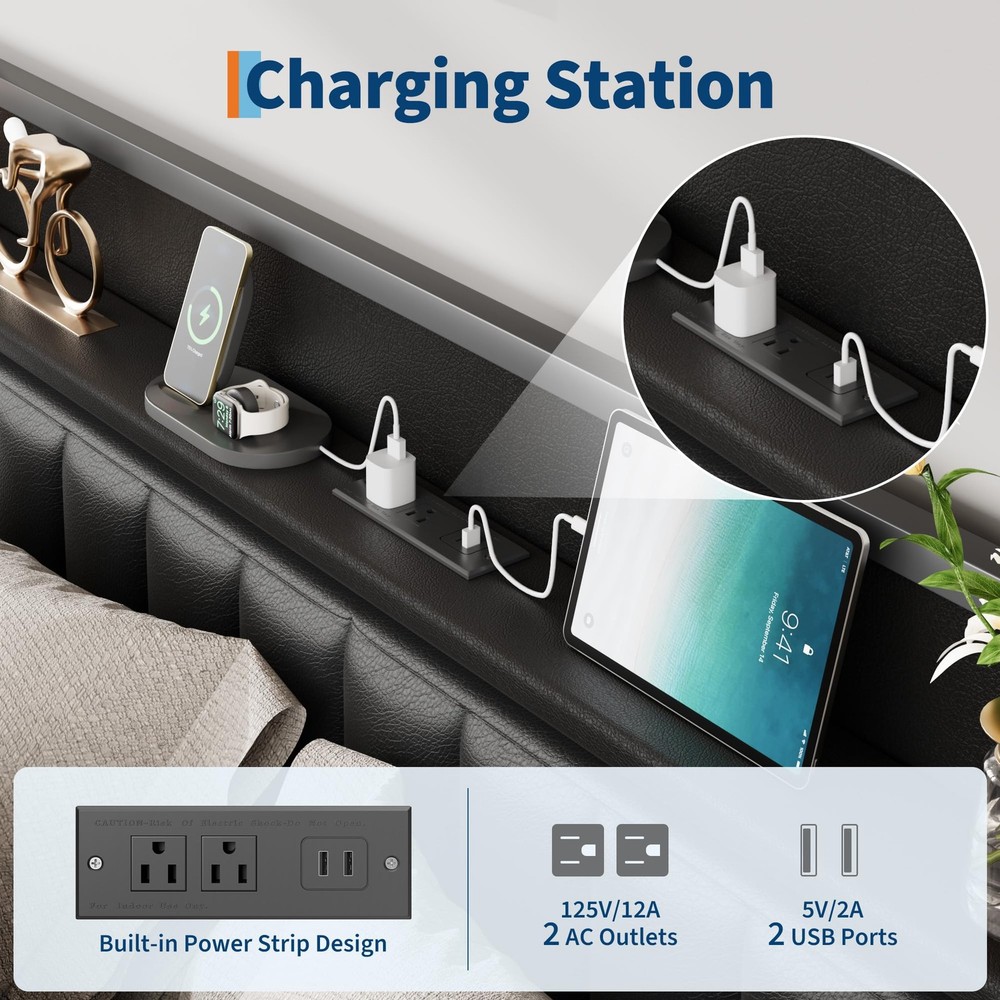 Platform Bed Frame King Upholstered with 12" Underbed Storage Charging Station