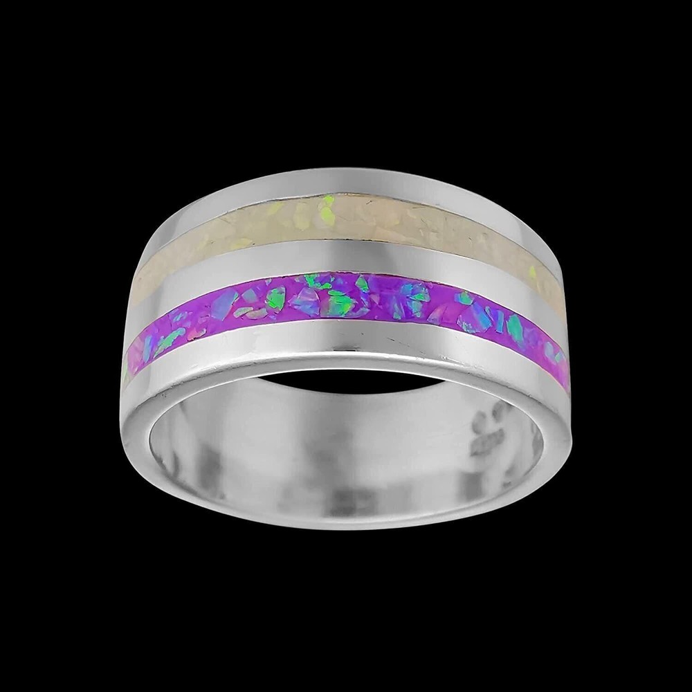 925 Sterling Silver White & Violet Opal Two-Loop Statement Ring - Handmade...