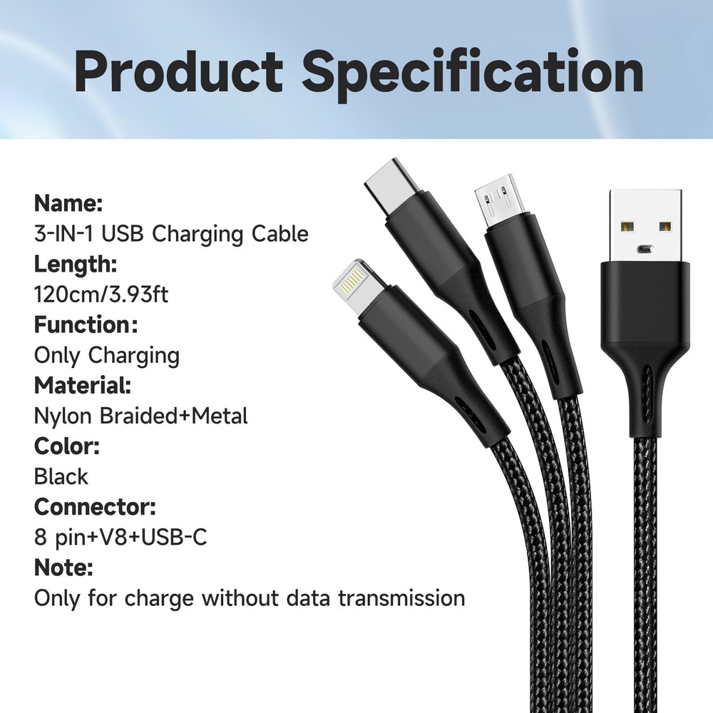 3A Fast USB Charging Cable Universal 3 in 1 Multi Function Cell Phone Charger