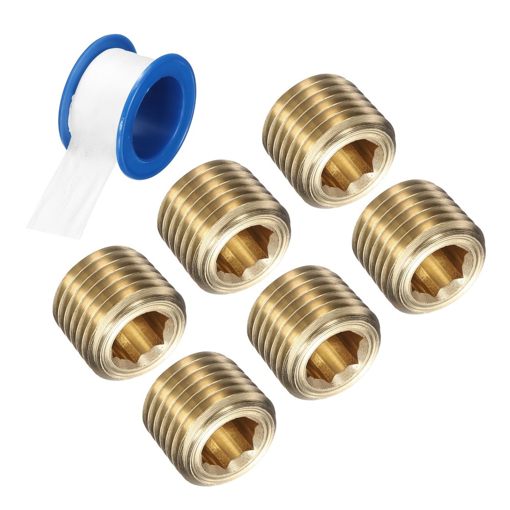 6Pcs 1/4 NPT Brass Pipe Plug Fitting, Male Thread Internal Hex Socket Pipe Cap