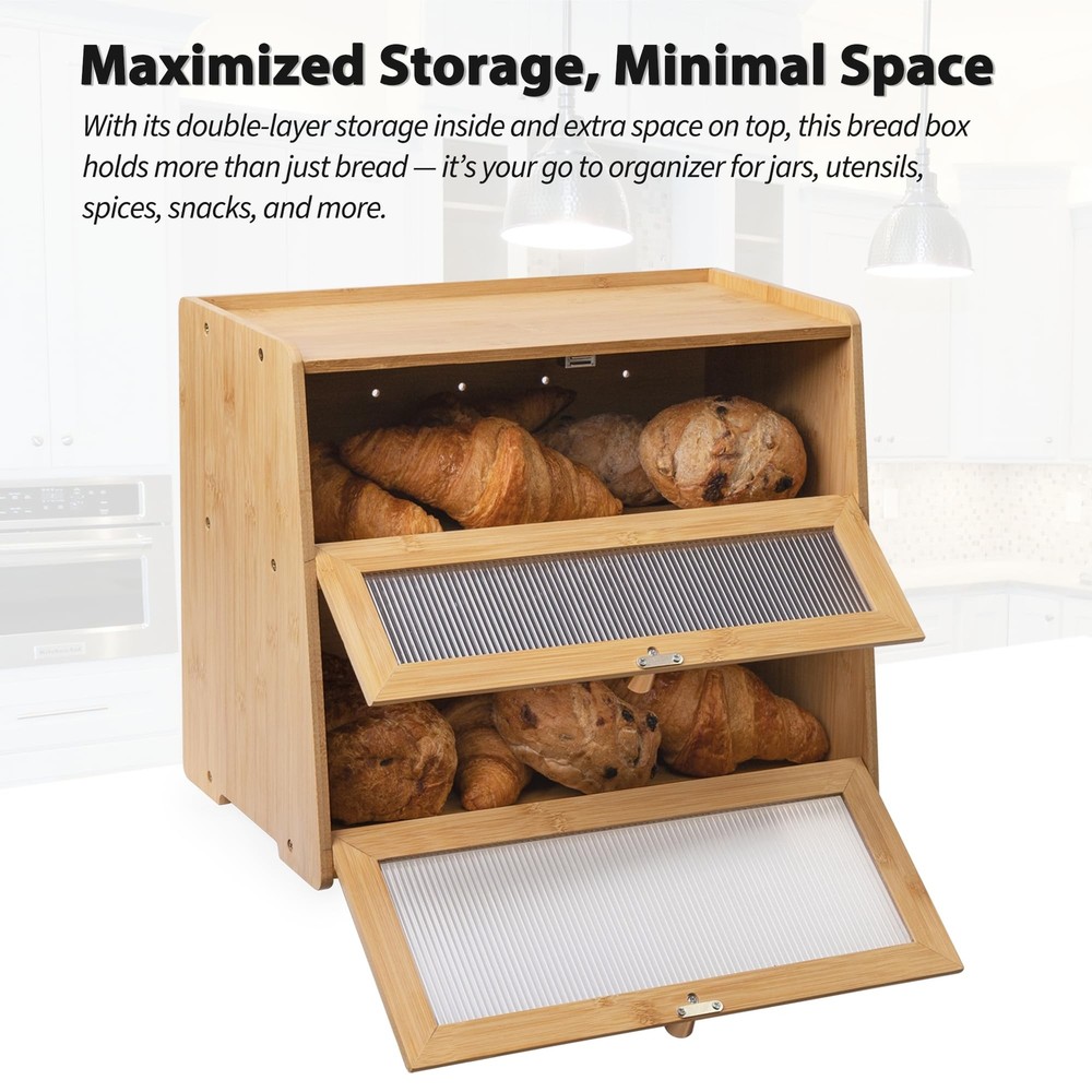 Bamboo Bread Box 2 Layers for Kitchen Counter-Large Capacity Bread Storage Co...