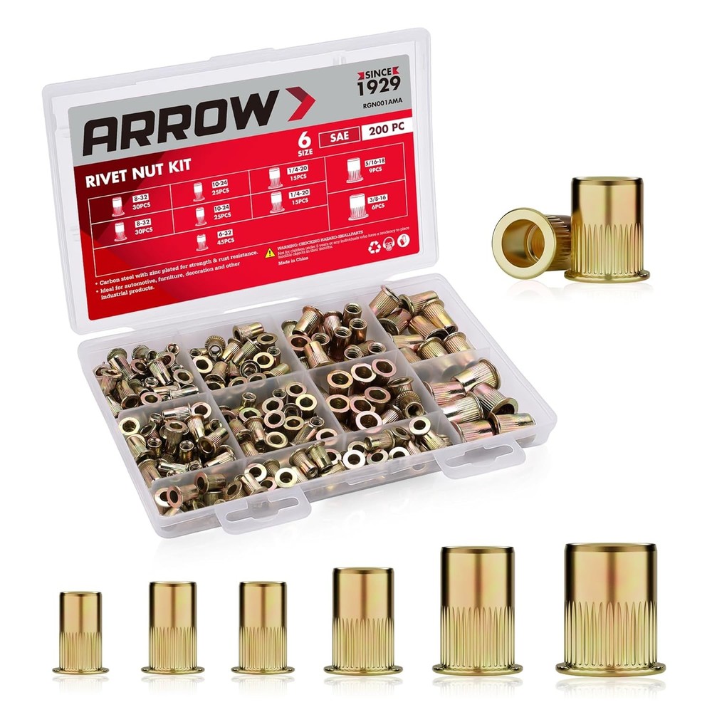 Arrow 200PC Rivet Nut Kit Rivnut Assortment Threaded Insert Nutsert SAE FlatHead