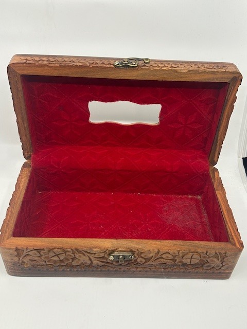 Boho Wooden Handmade Rectangular Tissue Box Hand Tooling With Velvet Lining