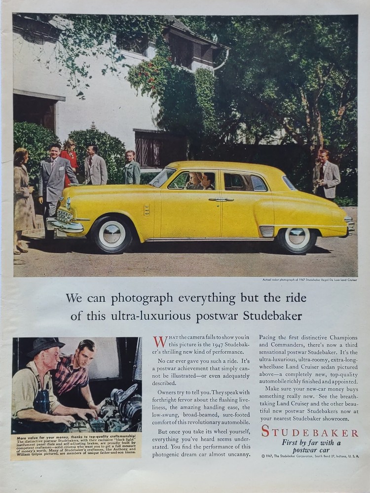1947 vintage Studebaker print ad. Ultra luxurious post war Studebaker