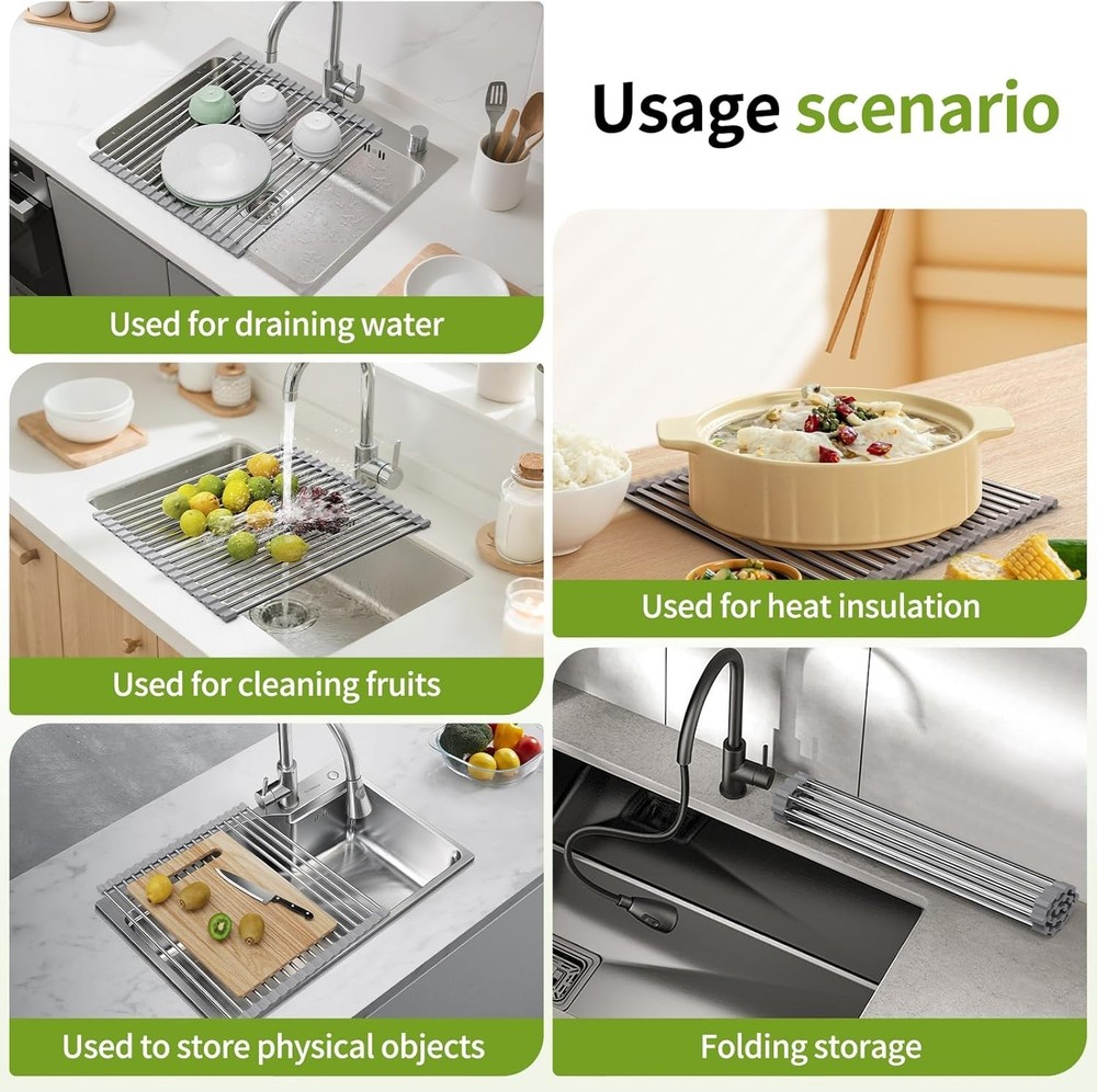 Foldable Over Sink Dish Drying Rack - Stainless Steel Sink Drain Rack with Si...