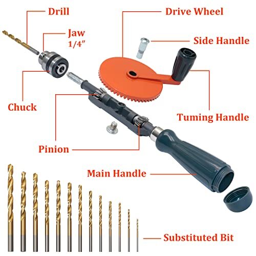 Powerful Speedy Hand Drill 1/4" Manual Drill with 13Pc Drill Bit Set Chuck & Key