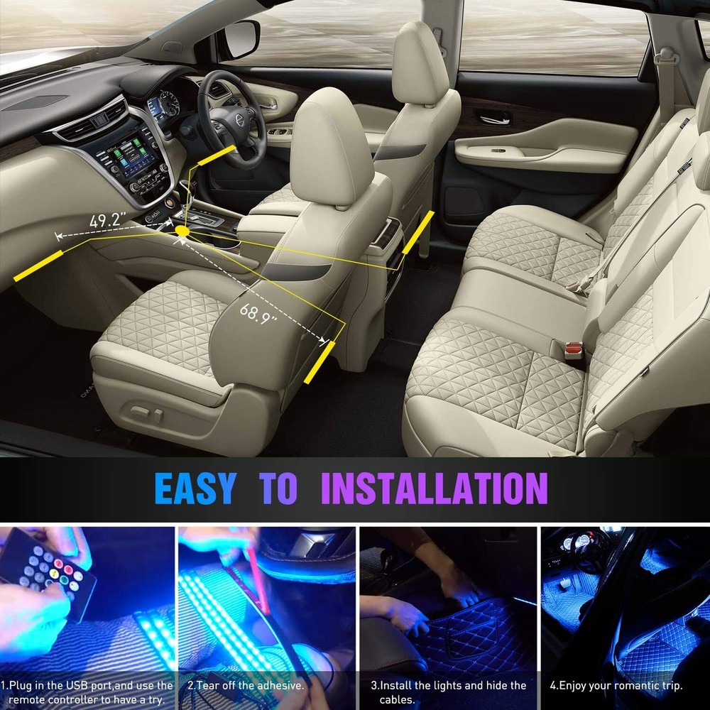 Nilight 4PCS 48 LEDs Car Strip Light USB Interior DC 5V Multicolor Lighting Kits