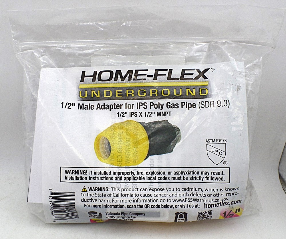 HOME-FLEX 18-436-005 1/2" POLYPROPYLENE YELLOW GAS POLY PIPE CONVERSION FITTING