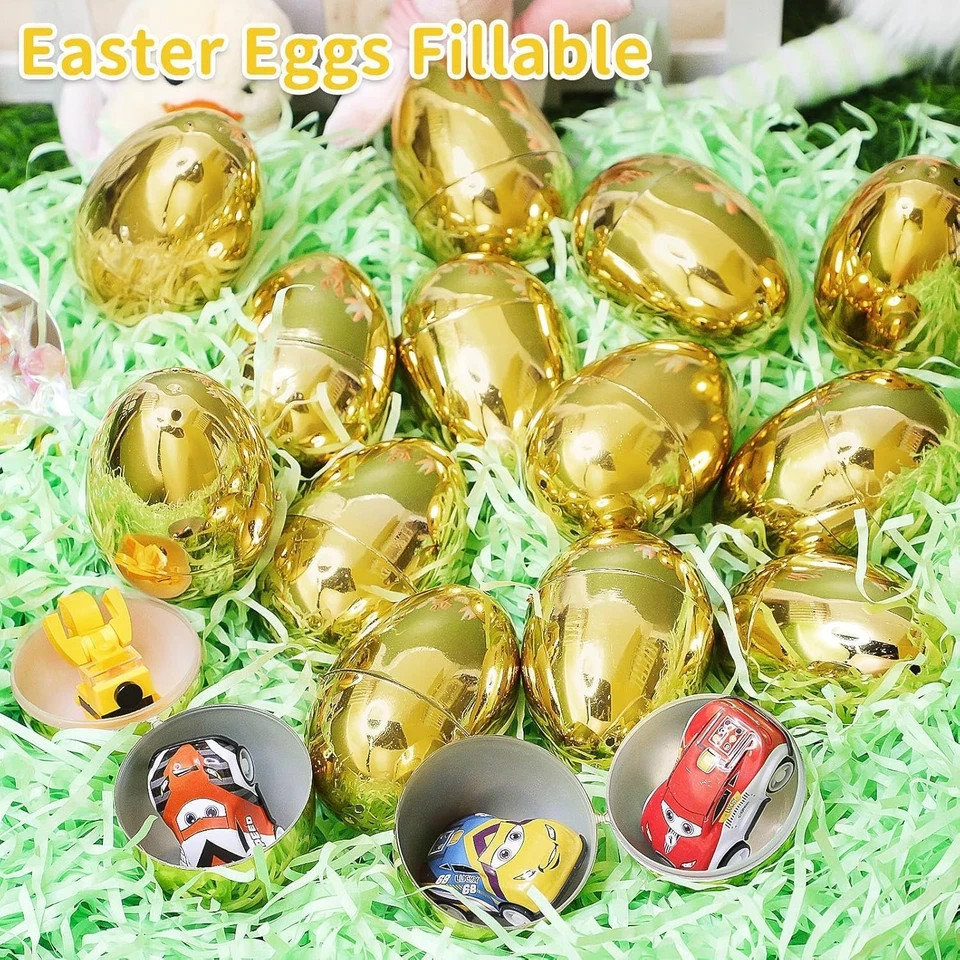 12 Pack 3.15" Large Golden Easter Eggs Empty, Shiny Metallic Plastic Easter Eggs