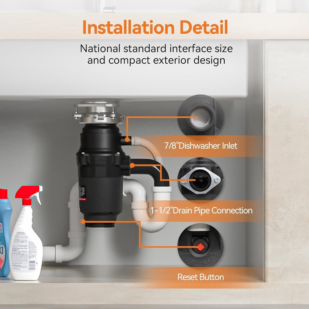 1/2 HP Garbage Waste Disposal All-Steel Continuous Feed Anti-Jam & Compact