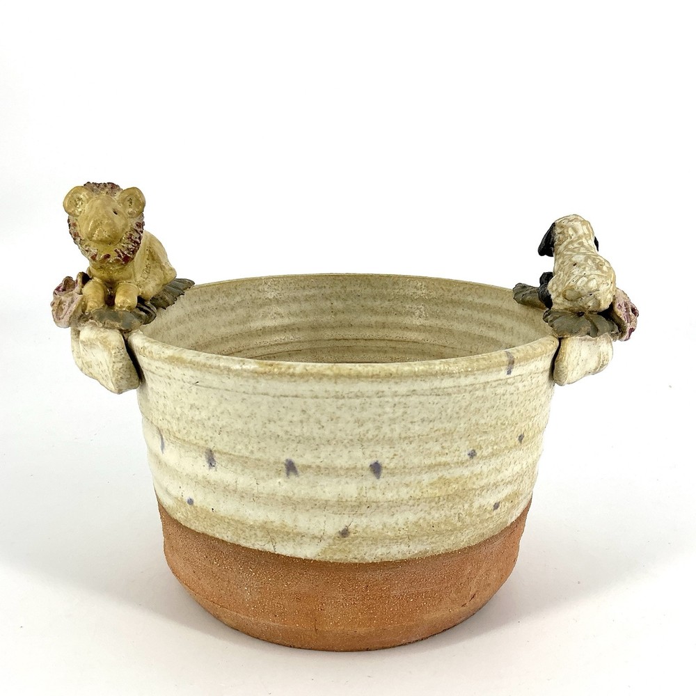 Studio Art Pottery Planter Pot Lion Lamb Handles Signed Dated 1993