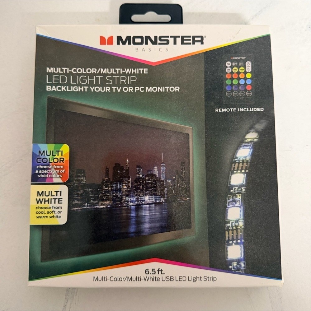 Monster Basics Multi-Color/Multi-White LED Light Strip 6.5 ft Remote USB Indoor