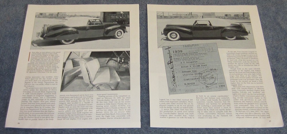 1939 Lincoln Continental History Info Article "Prototype for Greatness"